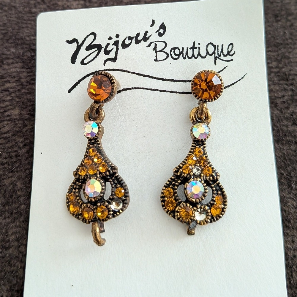 Boutique Amber Aurora Borealis Rhinestone Antique‎ Brass Drop Earrings NEW